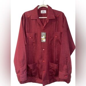 Vintage Izamal Burgundy Guayabera Men’s Long Sleeve Button Down Shirt Size 40‎